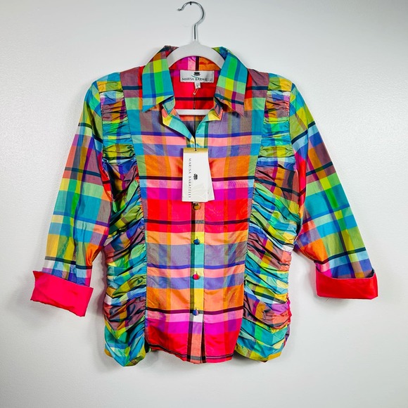 NEW Marisa Baratelli Bright Plaid Thai Silk Blouse Size 6 - Picture 1 of 7